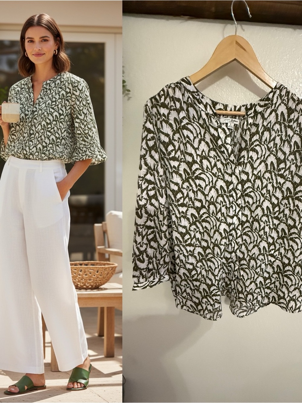 Jachs Girlfriend New York Floral Print Blouse Women’s L Olive White 3/4 Sleeve